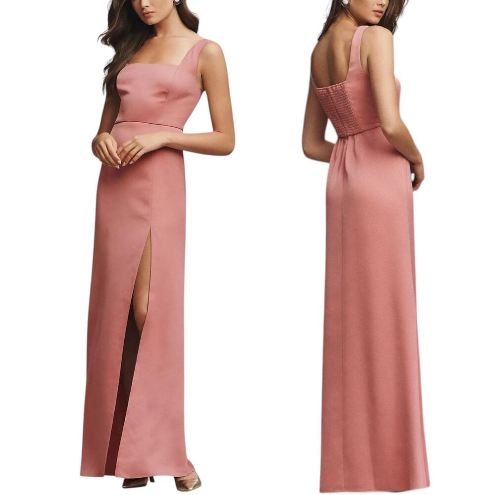 BHLDN Size L Sophia Satin Square Neck Slip Dress Blush Pink High Slit Formal‎